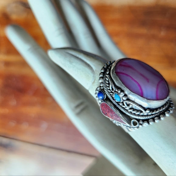 Agate, Lapis, Turquoise & Coral Gemstone Adjustable Statement Ring - Picture 14 of 16
